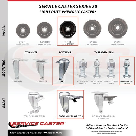 Service Caster 4 Inch SS Phenolic Swivel 10mm Threaded Stem Caster Total Lock Brake, 2PK SCC-SSTSTTL20S414-PHS-M1015-2-S-2